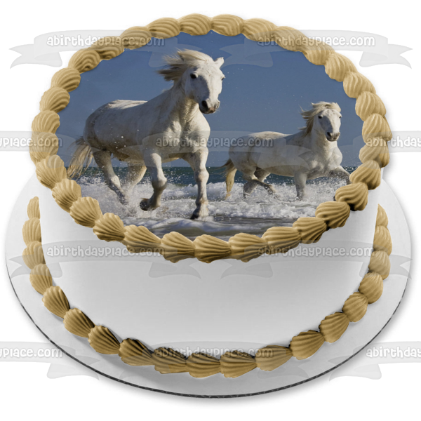 Imagen de decoración comestible para tarta de caballos blancos corriendo en agua ABPID05551 