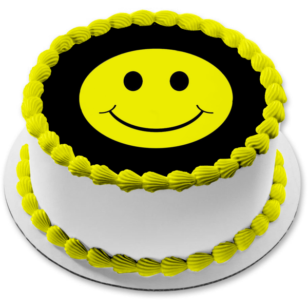 Emoji Smiley Face Black and Yellow Edible Cake Topper Image ABPID05594