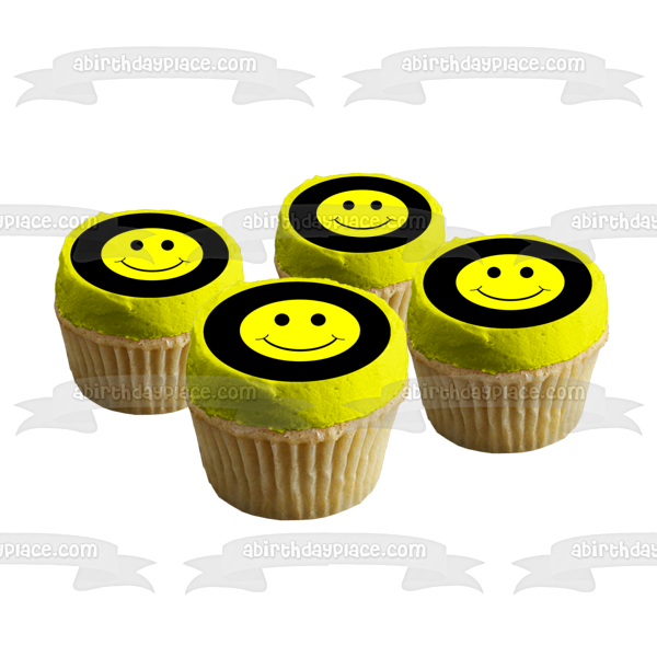 Emoji Smiley Face Black and Yellow Edible Cake Topper Image ABPID05594