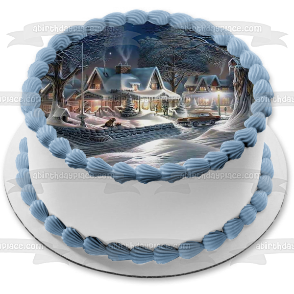 Escena de invierno, casas y árboles nevados en Navidad, decoración comestible para tarta, imagen ABPID05600 