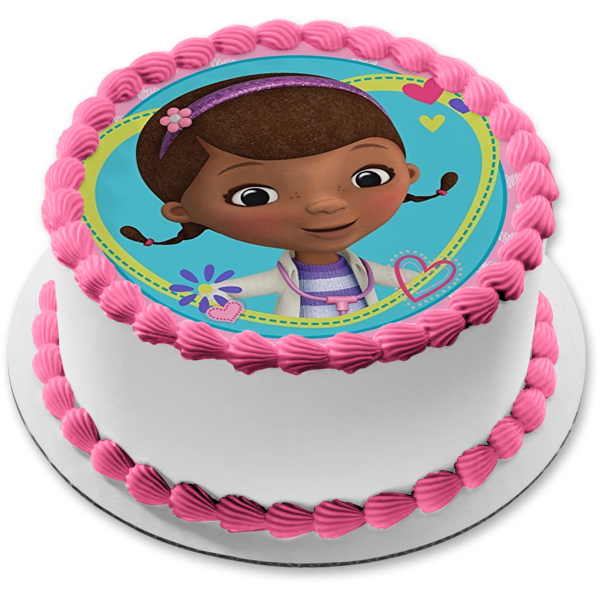 Doc McStuffins Hearts Flowers and a Stethoscope Edible Cake Topper Image ABPID05694