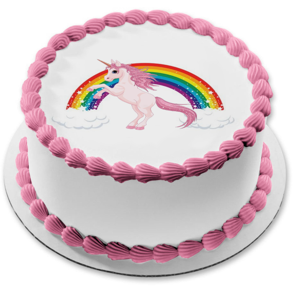 Adorno comestible para tarta con diseño de unicornio rosa, arcoíris y nubes, imagen ABPID05728 