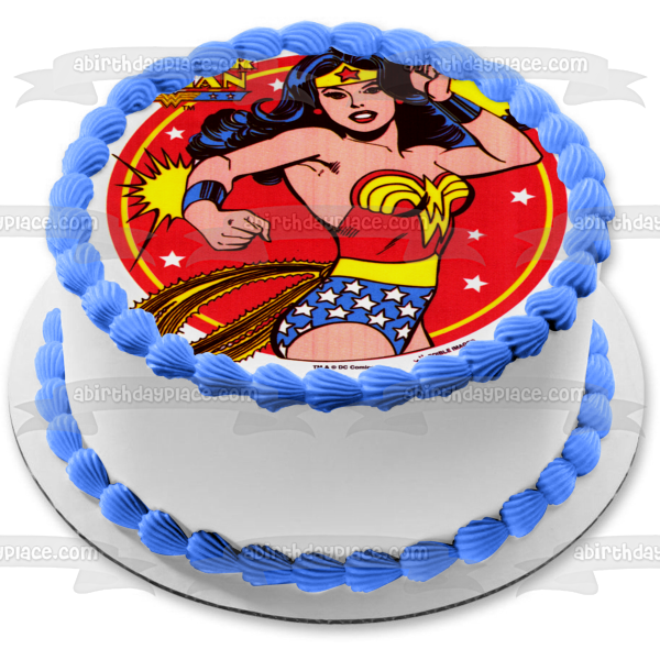 Adorno comestible para tarta de Mujer Maravilla con fondo rojo y estrellas Imagen ABPID05754 