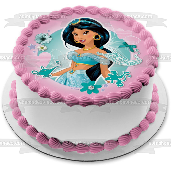 Princesa Disney Jasmine Aladdin Flores Corazones Fondo Rosa Adorno Comestible Para Pastel Imagen ABPID21893 