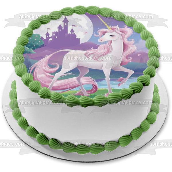 Imagen comestible para tarta con diseño de castillo de unicornio, árboles, luna, ABPID21922 