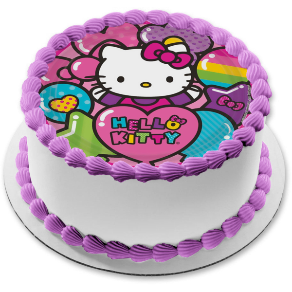 Hello Kitty Corazones Globos Estrellas Flores Adorno comestible para tarta Imagen ABPID25014 