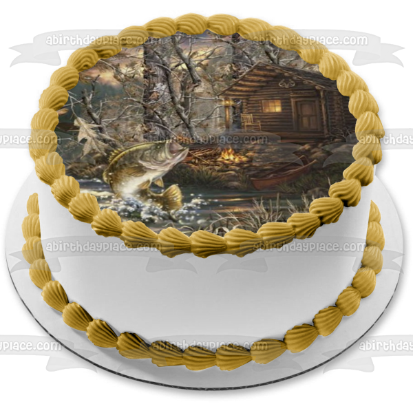 Cabaña de caza, peces saltadores, árboles, camuflaje, decoración comestible para tarta, imagen ABPID49825 