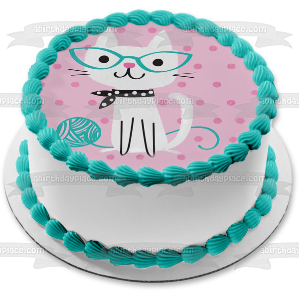 Cute Purrfect Cat Pink and Teal Polka Dots Kitty Happy Birthday Edible Cake Topper Image ABPID50264