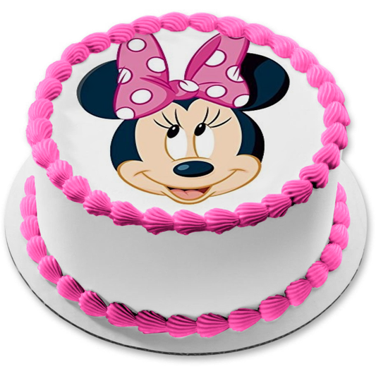 Adorno comestible para tarta con lazo rosa y cara de Minnie Mouse, imagen ABPID50419 