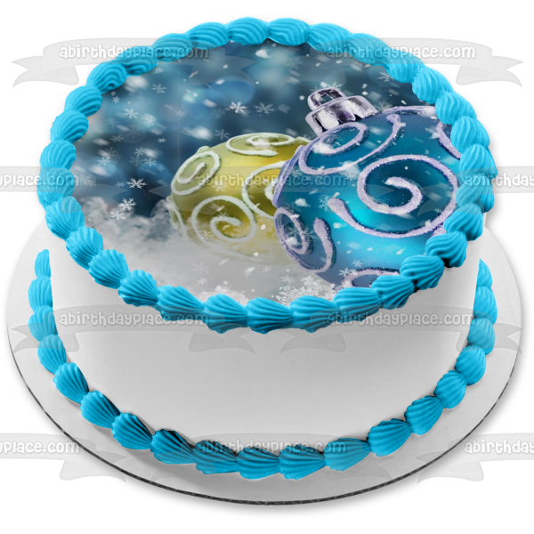 Adorno navideño de bola azul y amarilla con nieve, adorno comestible para tarta, imagen ABPID50599 