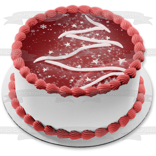 Árbol de Navidad con fondo rojo y nieve, adorno comestible para tarta, imagen ABPID50684 