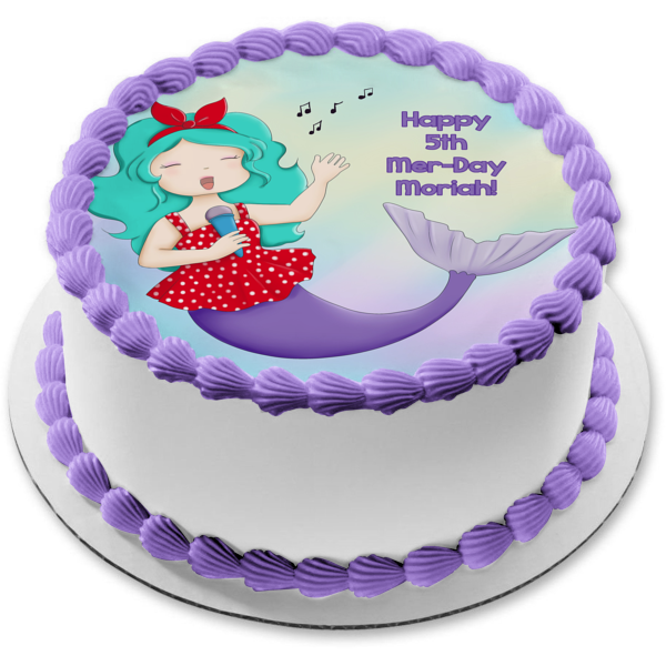 Sirena cantando feliz 5º cumpleaños del día de Mer, nombre personalizado, decoración comestible para tarta, imagen ABPID51077 