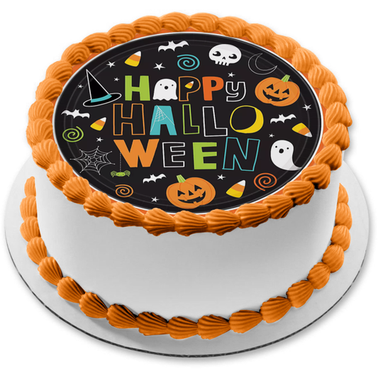 Feliz Halloween Fantasmas Jack-O-Lanterns Telarañas Sombreros de bruja Caramelo Pastel comestible Imagen ABPID52677 