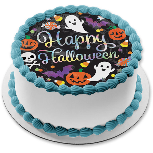 Feliz Halloween Fantasmas Murciélagos Caramelo Jack-O-Lanterns Adorno comestible para tarta Imagen ABPID52679 