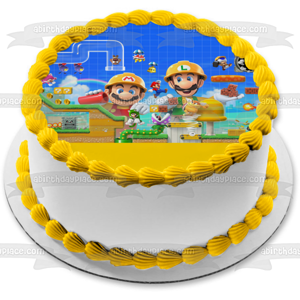 Super Mario Maker 2 Luigi and Mario Personalizable Video Game Edible Cake Topper Image ABPID52760