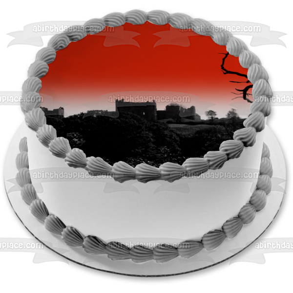 Imagen de adorno comestible para tarta embrujada espeluznante y espeluznante de Halloween de las ruinas del castillo ABPID52799 