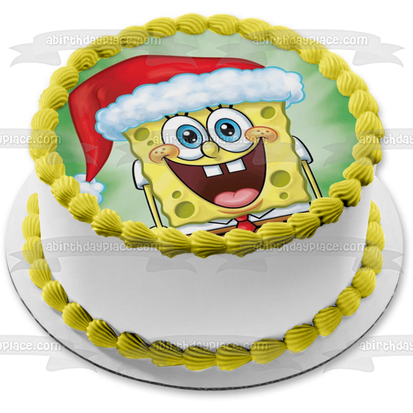 SpongeBob SquarePants Merry Christmas Santa Hat Edible Cake Topper Image ABPID53056