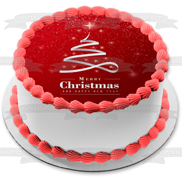 Feliz Navidad y próspero año nuevo Cinta plateada Árbol de Navidad Adorno comestible para pastel Imagen ABPID53059 