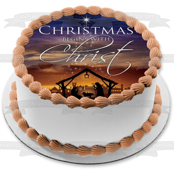 Adorno comestible para tarta con diseño de Belén "La Navidad comienza con Cristo" Imagen ABPID53061 