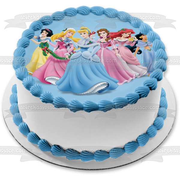 Disney Princess Merry Christmas Snow White Aurora Cinderella Belle Ariel Jasmine Christmas Decorations Edible Cake Topper Image ABPID53089