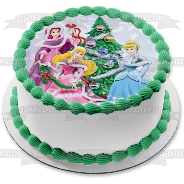 Disney Princess Merry Christmas Belle Cinderella Aurora Christmas Tree Edible Cake Topper Image ABPID53120