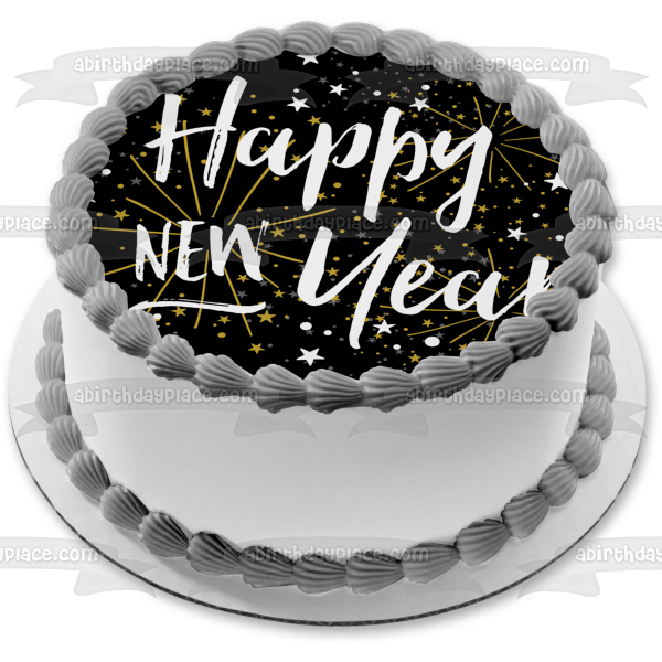 Happy New Year Silver and Gold Stars Edible Cake Topper Image ABPID53178