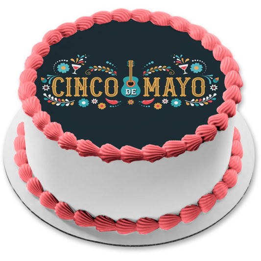 Cinco De Mayo Guitar Wine Glasses Chili Peppers Flowers Edible Cake Topper Image ABPID53803