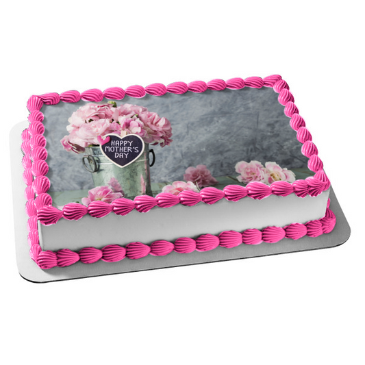 Happy Mother's Day Pink Flowers Edible Cake Topper Image ABPID53813