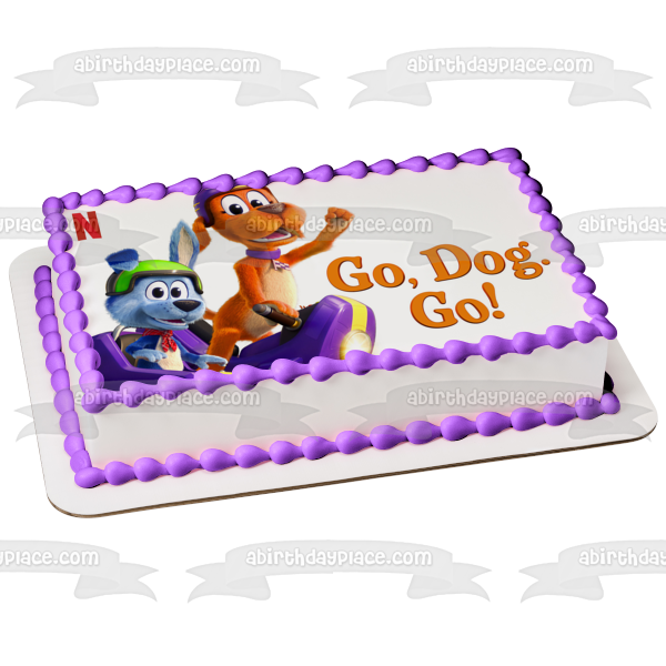 Ve, perro. ¡Ir! Imagen de decoración comestible para tarta con etiqueta Barker Scooch Pooch ABPID53883 