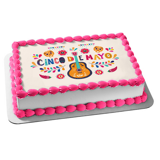 Cinco De Mayo Sugar Skulls Guitar Edible Cake Topper Image ABPID53790