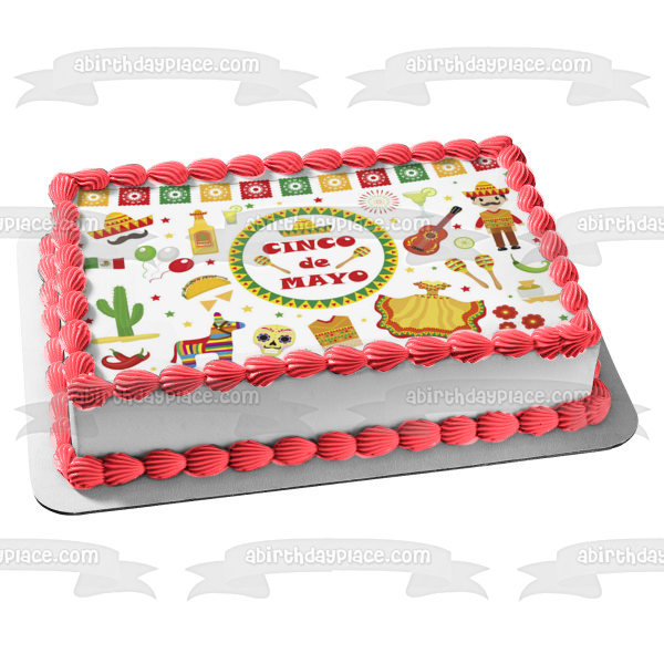 Cinco De Mayo Sombrero Chili Peppers Guitarra Maracas Edible Cake Topper Imagen ABPID53792 