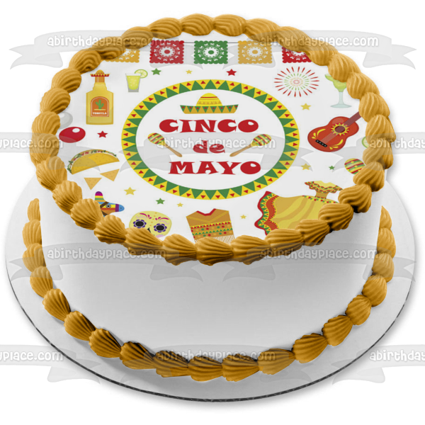 Cinco De Mayo Sombrero Chili Peppers Guitarra Maracas Edible Cake Topper Imagen ABPID53792 