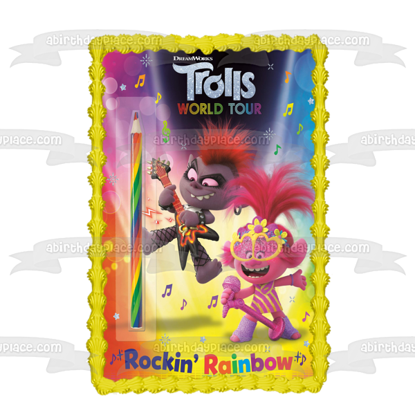 Trolls World Tour Rockin' Rainbow Poppy Singing Queen Barb tocando la guitarra decoración comestible para tarta imagen ABPID51240 