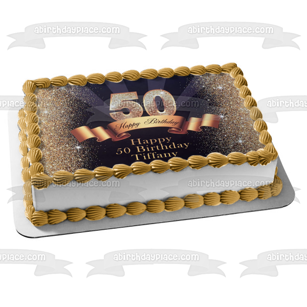 Happy 50th Birthday Gold Sparkles and Banner Edible Cake Topper Image ABPID01491