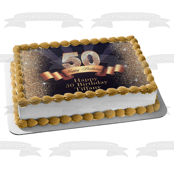 Happy 50th Birthday Gold Sparkles and Banner Edible Cake Topper Image – A  Birthday Place
