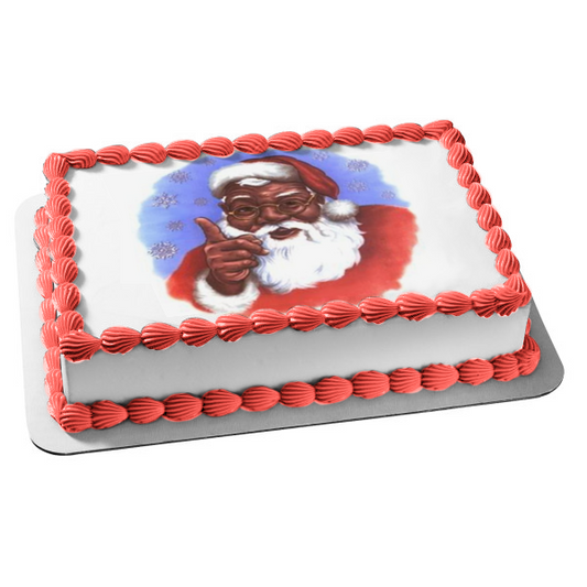 Adorno comestible para tarta con diseño de copos de nieve de Papá Noel afroamericano, imagen ABPID09927 