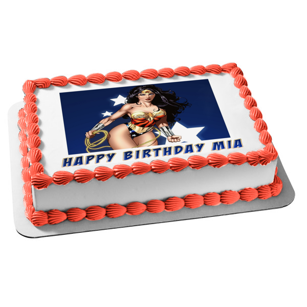 Adorno comestible para tarta con fondo azul y estrellas de Wonder Woman, imagen ABPID05816 