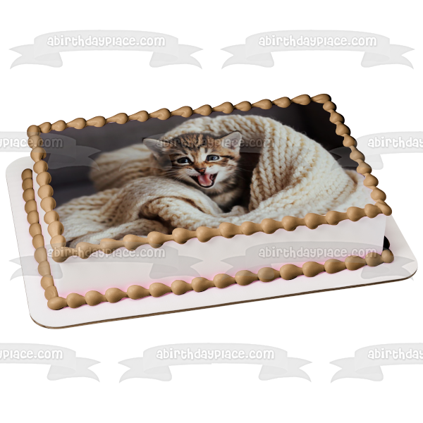 Imagen de adorno comestible para pastel de gato con manta tejida ABPID50259 