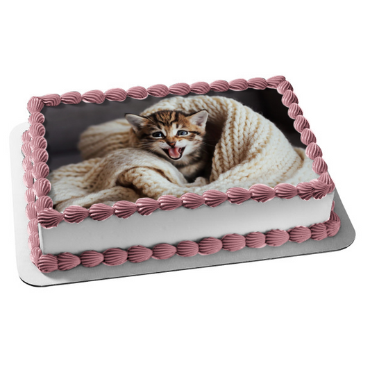 Imagen de adorno comestible para pastel de gato con manta tejida ABPID50259 