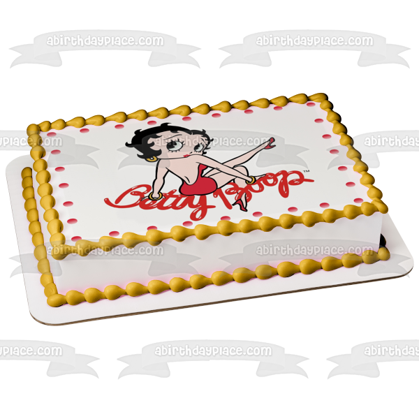 Betty Boop vestido rojo pendientes de aro pelo negro borde de puntos comestible decoración para tarta imagen ABPID09262 