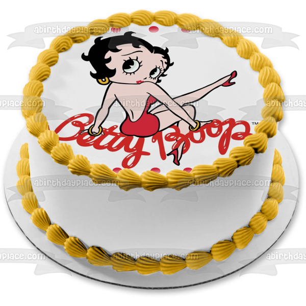 Betty Boop vestido rojo pendientes de aro pelo negro borde de puntos comestible decoración para tarta imagen ABPID09262 