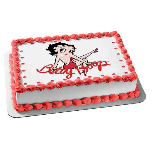 Betty Boop vestido rojo pendientes de aro pelo negro borde de puntos comestible decoración para tarta imagen ABPID09262 