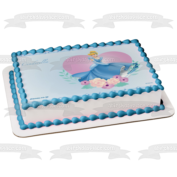 Adorno comestible para tarta con diseño de princesa Cenicienta de Disney, vestido azul, flor y corazón, imagen ABPID09287 