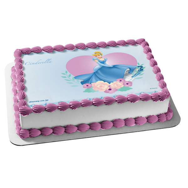 Adorno comestible para tarta con diseño de princesa Cenicienta de Disney, vestido azul, flor y corazón, imagen ABPID09287 