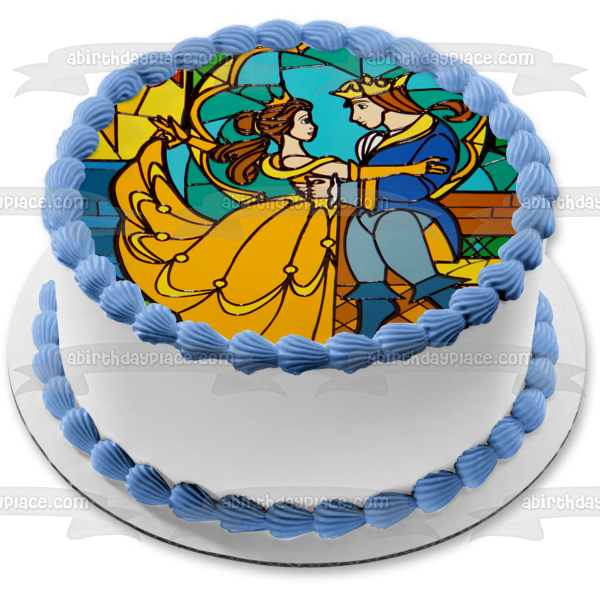 Disney La Bella y la Bestia Bella Príncipe bailando vidriera comestible decoración para tarta imagen ABPID09374 