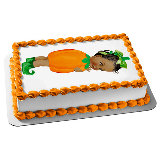 Imagen de adorno comestible para tarta con disfraz de calabaza de niña afroamericana ABPID10195 