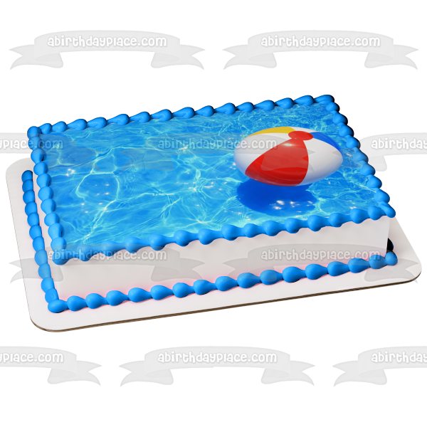 Rojo Amarillo Azul Blanco Pelota de Playa Flotando en la Piscina Imagen comestible para tarta ABPID09398 