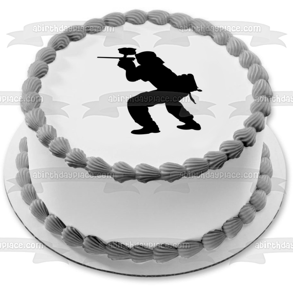 Imagen comestible para decoración de tartas con silueta de tirador de paintball en blanco y negro ABPID10276 