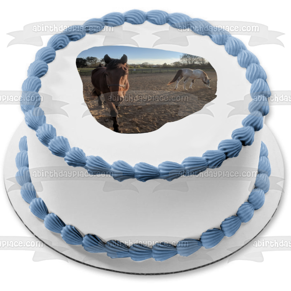 Caballos Marrón Blanco Valla Árboles Decoración comestible para tarta Imagen ABPID11201 