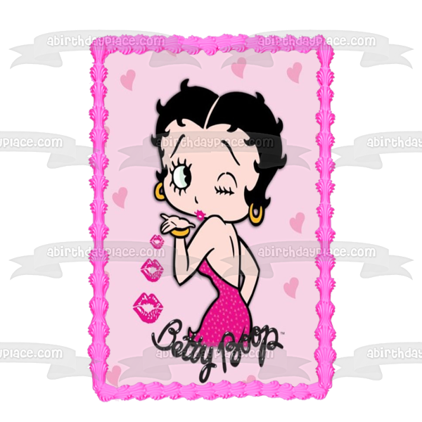 Betty Boop soplando un beso Fondo de corazones rosados ​​Imagen de decoración comestible para pastel ABPID11078 